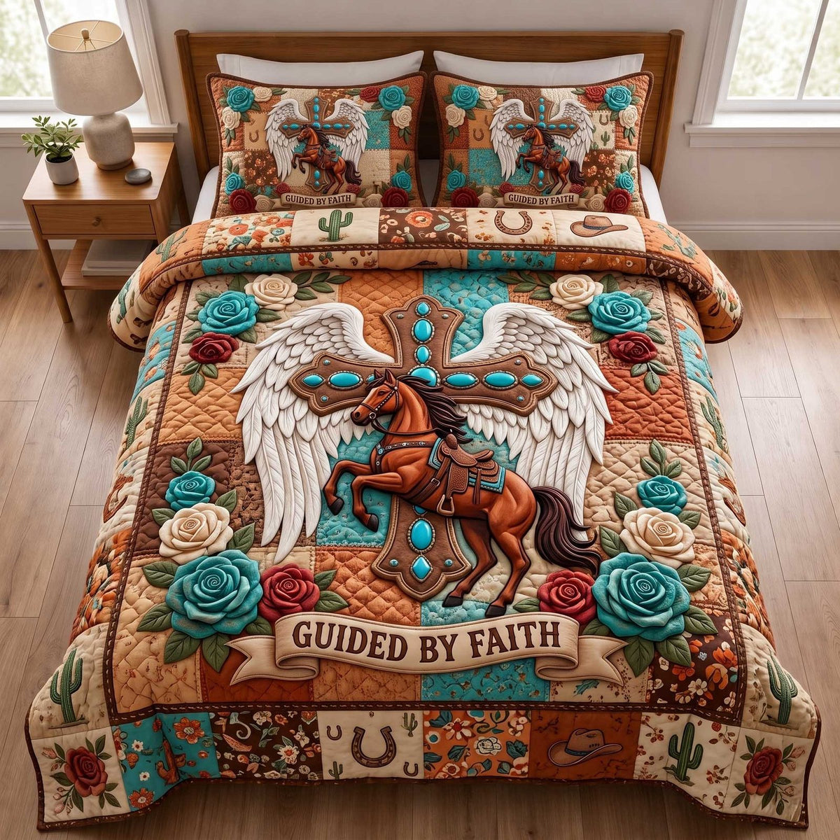 Western Grace quilted 3-piece bedding set on a made bed in a rustic timber bedroom