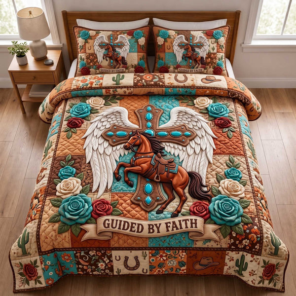 Western Grace quilted 3-piece bedding set on a made bed in a rustic timber bedroom