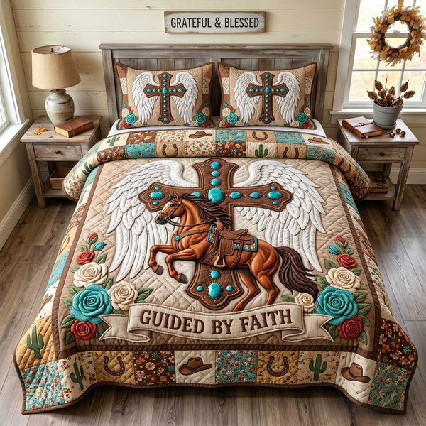 Western Grace quilted 3-piece bedding set on a made bed in a rustic timber bedroom