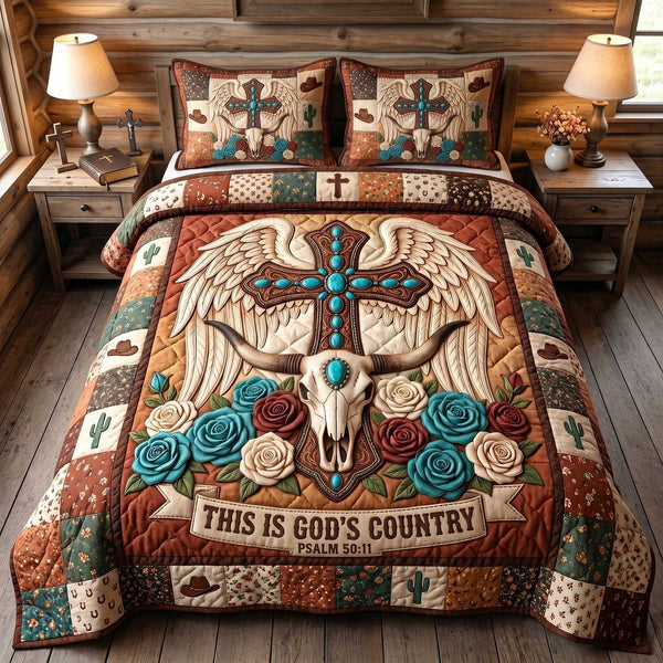 Western Grace quilted 3-piece bedding set on a made bed in a rustic timber bedroom