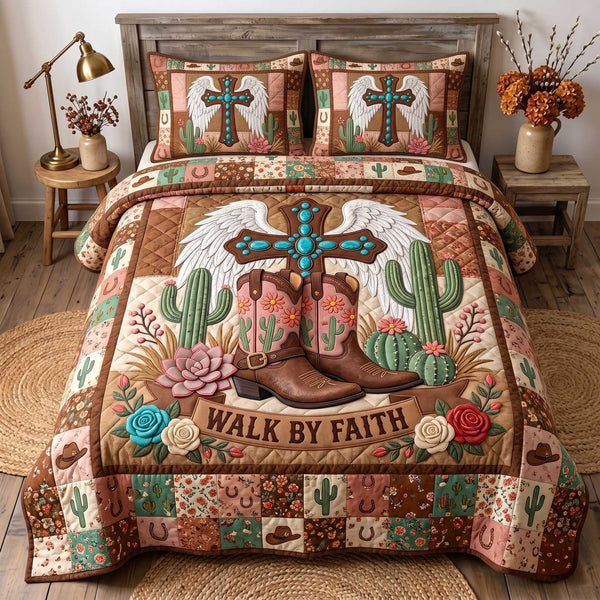 Western Grace quilted 3-piece bedding set on a made bed in a rustic timber bedroom