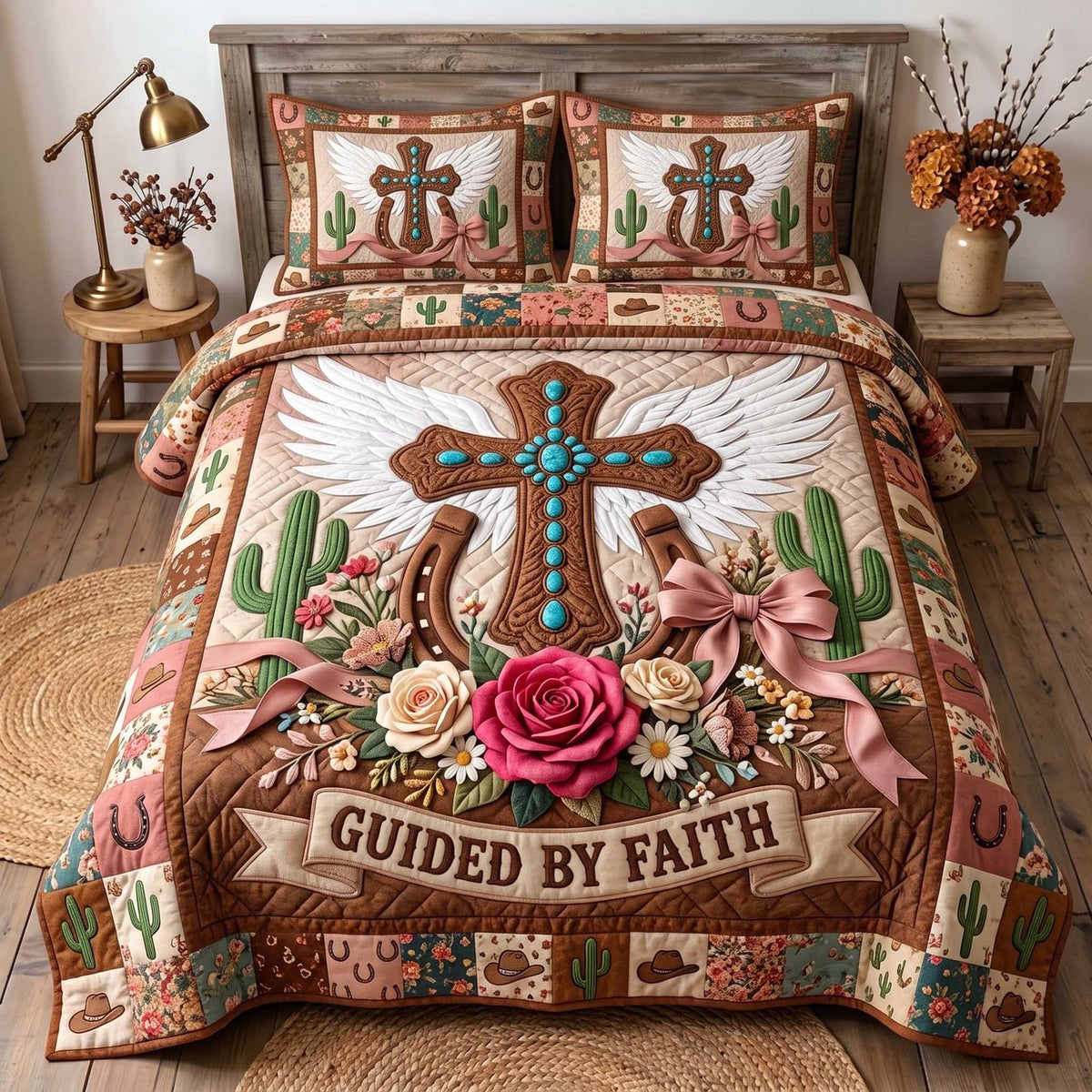 Western Grace quilted 3-piece bedding set on a made bed in a rustic timber bedroom