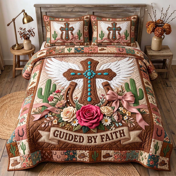 Western Grace quilted 3-piece bedding set on a made bed in a rustic timber bedroom