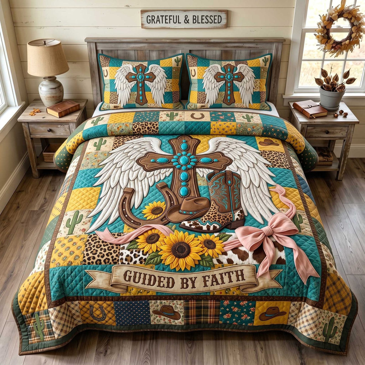 Western Grace quilted 3-piece bedding set on a made bed in a rustic timber bedroom