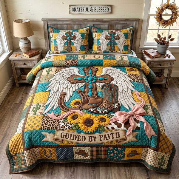 Western Grace quilted 3-piece bedding set on a made bed in a rustic timber bedroom