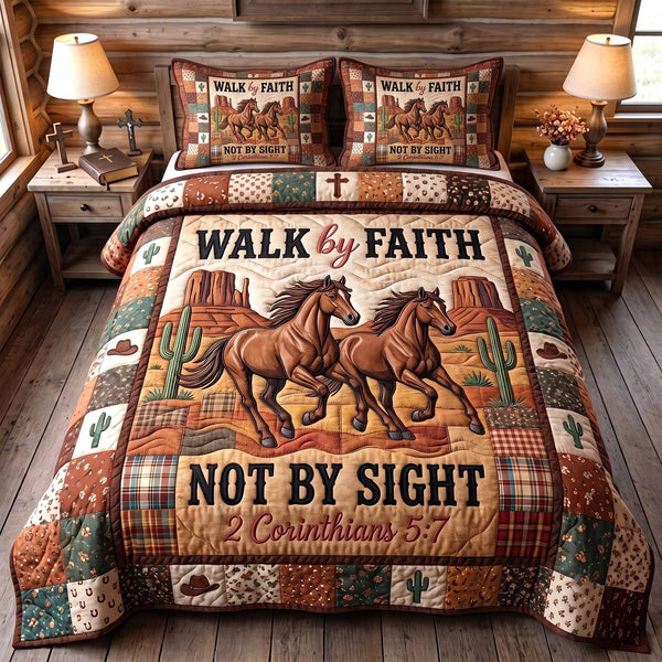 Western Grace quilted 3-piece bedding set on a made bed in a rustic timber bedroom