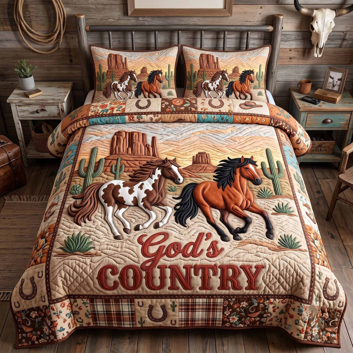 Western Grace quilted 3-piece bedding set on a made bed in a rustic timber bedroom