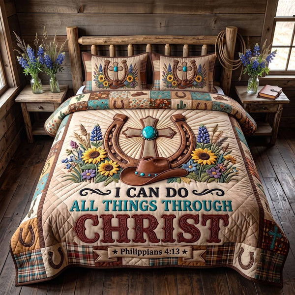 Western Grace quilted 3-piece bedding set on a made bed in a rustic timber bedroom