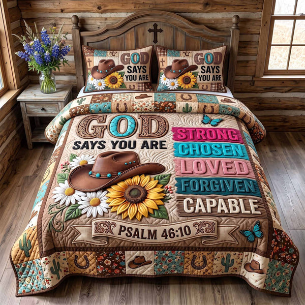 Western Grace quilted 3-piece bedding set on a made bed in a rustic timber bedroom