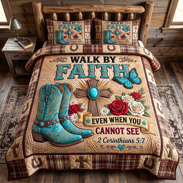 Western Grace quilted 3-piece bedding set on a made bed in a rustic timber bedroom