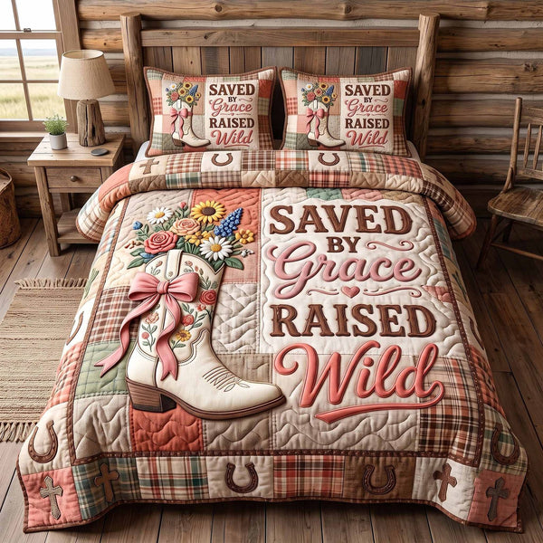 Western Grace quilted 3-piece bedding set on a made bed in a rustic timber bedroom