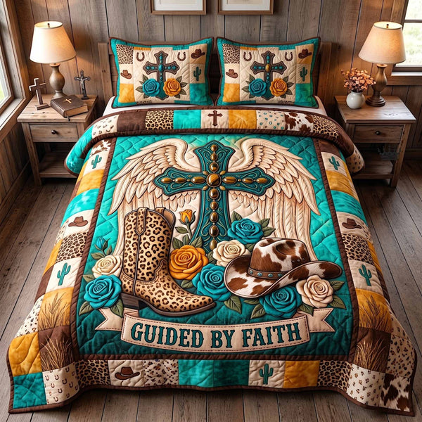Western Grace quilted 3-piece bedding set on a made bed in a rustic timber bedroom