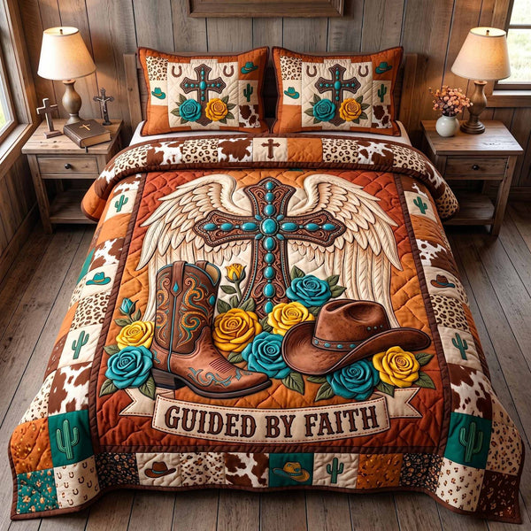 Western Grace quilted 3-piece bedding set on a made bed in a rustic timber bedroom