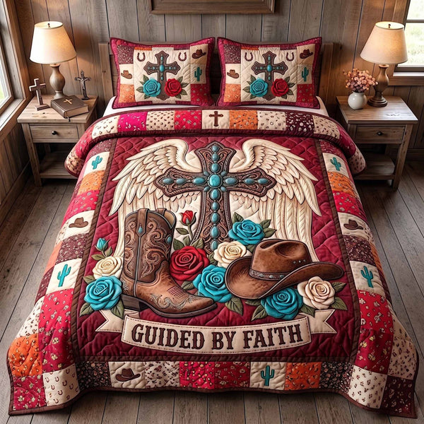 Western Grace quilted 3-piece bedding set on a made bed in a rustic timber bedroom