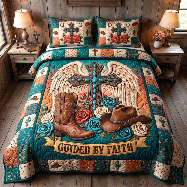 Western Grace quilted 3-piece bedding set on a made bed in a rustic timber bedroom