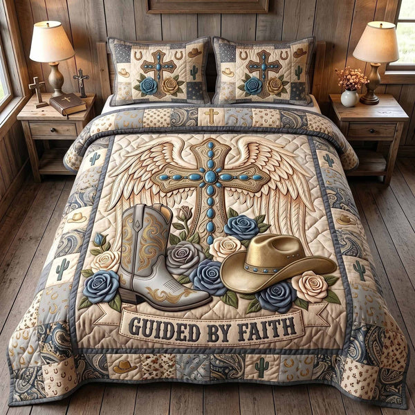 Western Grace quilted 3-piece bedding set on a made bed in a rustic timber bedroom