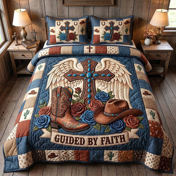 Western Grace quilted 3-piece bedding set on a made bed in a rustic timber bedroom