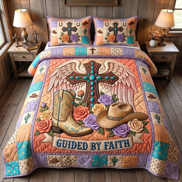 Western Grace quilted 3-piece bedding set on a made bed in a rustic timber bedroom