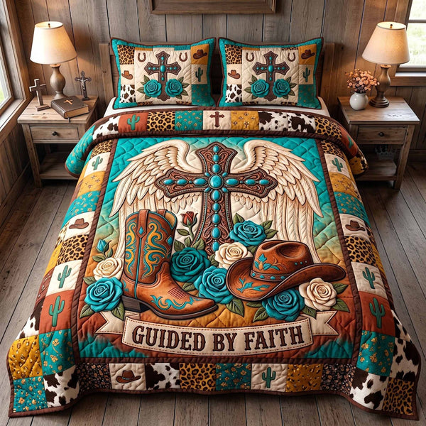 Western Grace quilted 3-piece bedding set on a made bed in a rustic timber bedroom