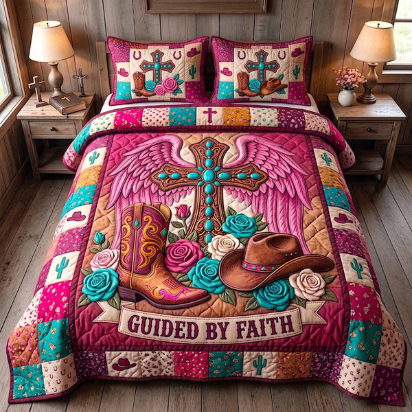 Western Grace quilted 3-piece bedding set on a made bed in a rustic timber bedroom