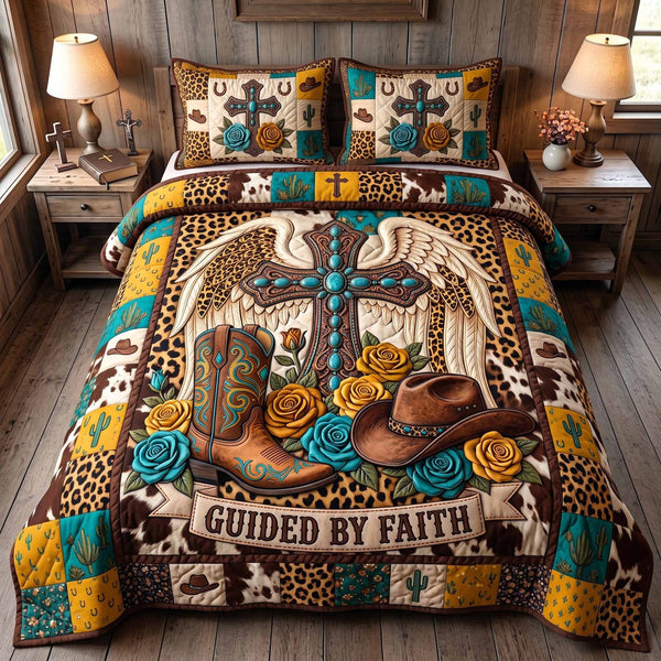 Western Grace quilted 3-piece bedding set on a made bed in a rustic timber bedroom