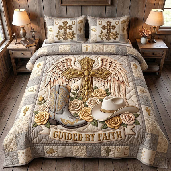 Western Grace quilted 3-piece bedding set on a made bed in a rustic timber bedroom