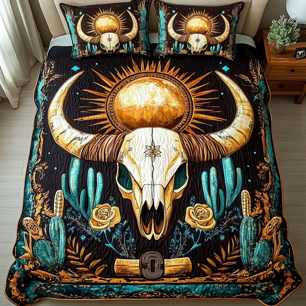 Western Grace quilted 3-piece bedding set on a made bed in a rustic timber bedroom