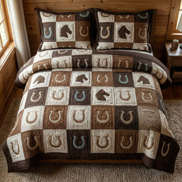 Western Grid quilted 3-piece bedding set on a made bed in a rustic timber bedroom
