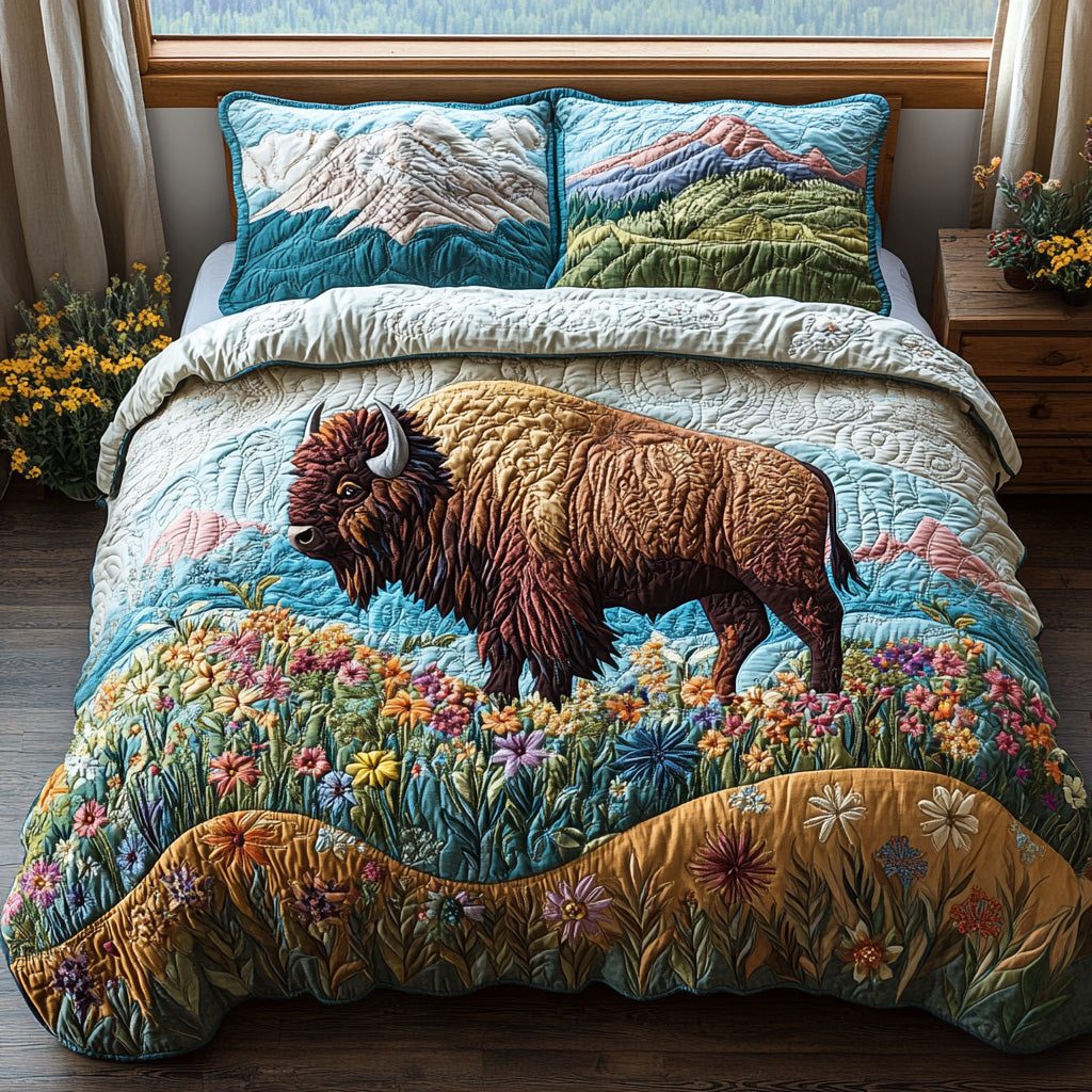 Western Guard quilted 3-piece bedding set on a made bed in a rustic timber bedroom