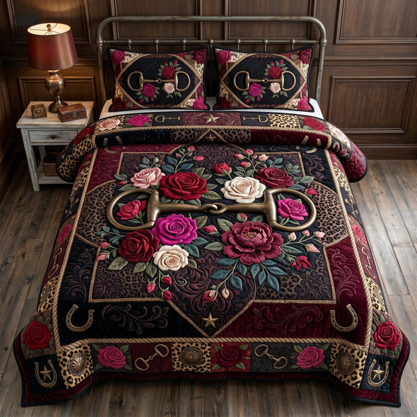 Western Heritage quilted 3-piece bedding set on a made bed in a rustic timber bedroom