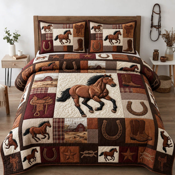 Western Horse quilted 3-piece bedding set on a made bed in a rustic timber bedroom