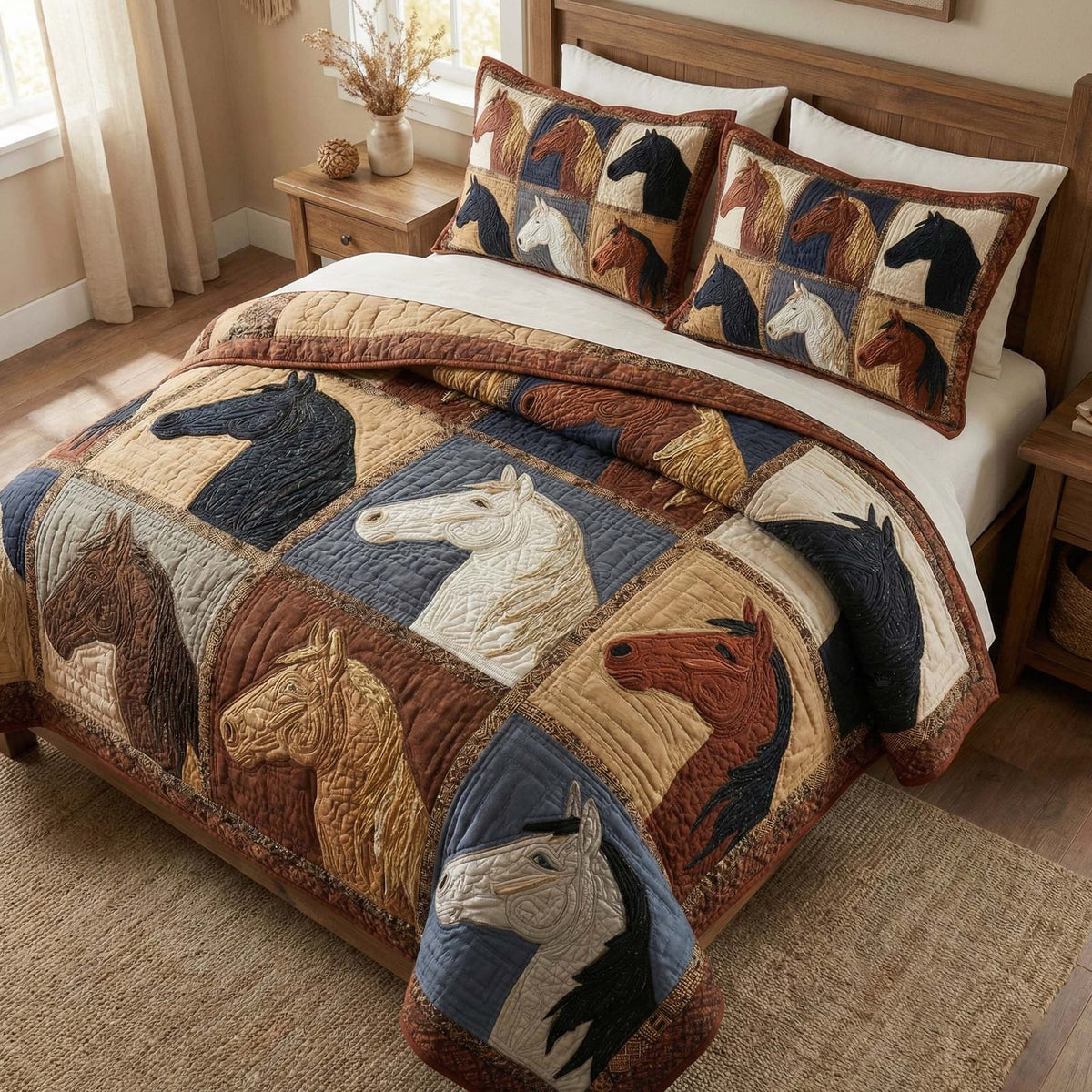 Western Horses quilted 3-piece bedding set on a made bed in a rustic timber bedroom