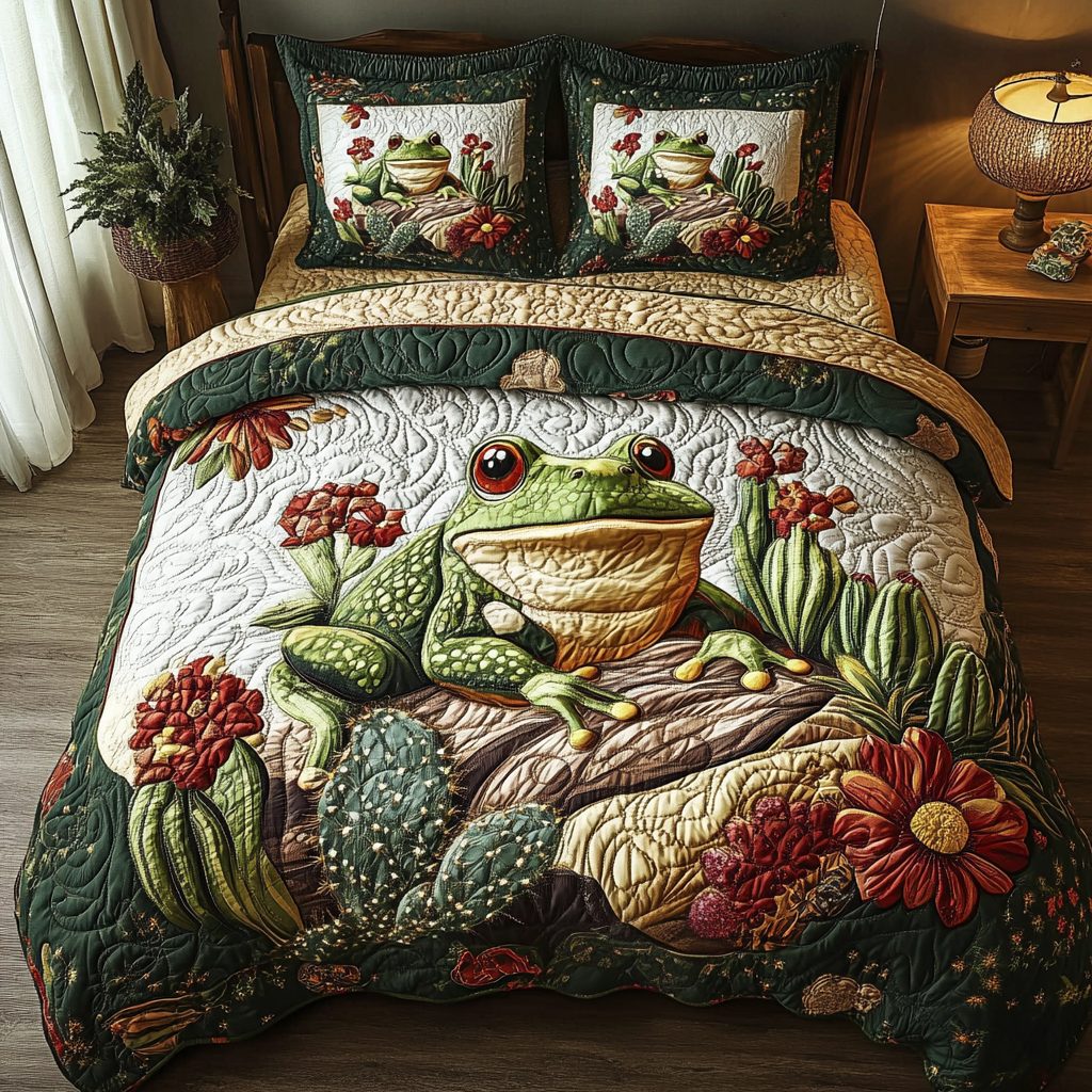 Western Leap quilted 3-piece bedding set on a made bed in a rustic timber bedroom