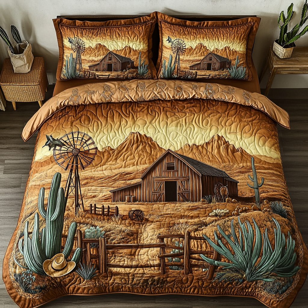 Western Legacy quilted 3-piece bedding set on a made bed in a rustic timber bedroom