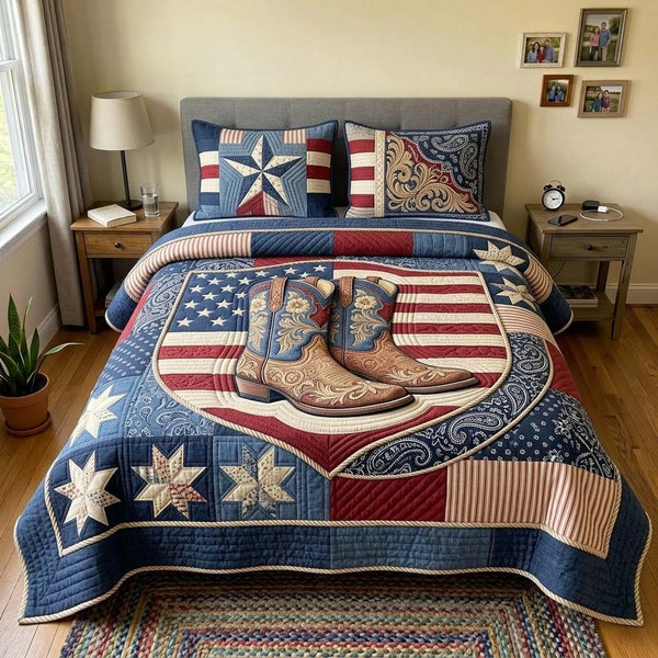 Western Liberty quilted 3-piece bedding set on a made bed in a warmly lit bedroom