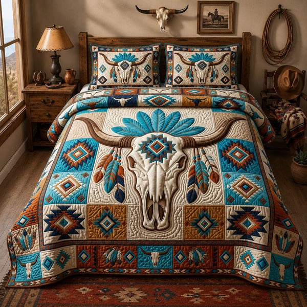 Western Longhorn quilted 3-piece bedding set on a made bed in a rustic timber bedroom