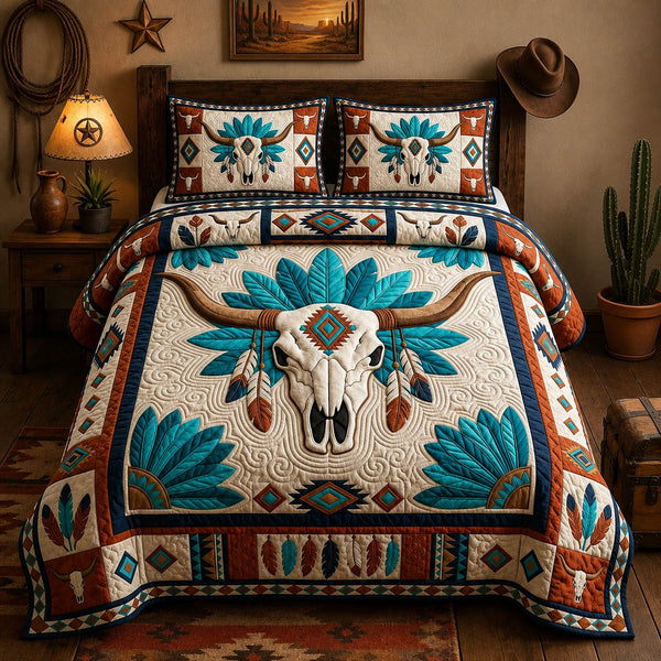 Western Longhorn quilted 3-piece bedding set on a made bed in a rustic timber bedroom