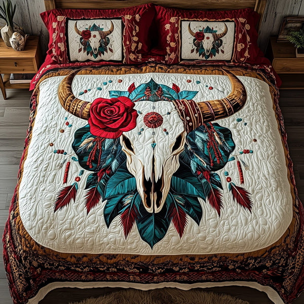 Western Longhorn Soul quilted 3-piece bedding set on a made bed in a rustic timber bedroom