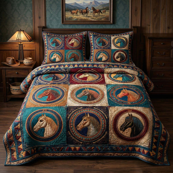 Western Medallion quilted 3-piece bedding set on a made bed in a rustic timber bedroom