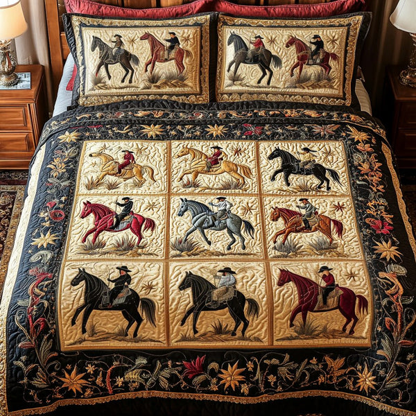 Western Nights quilted 3-piece bedding set on a made bed in a rustic timber bedroom