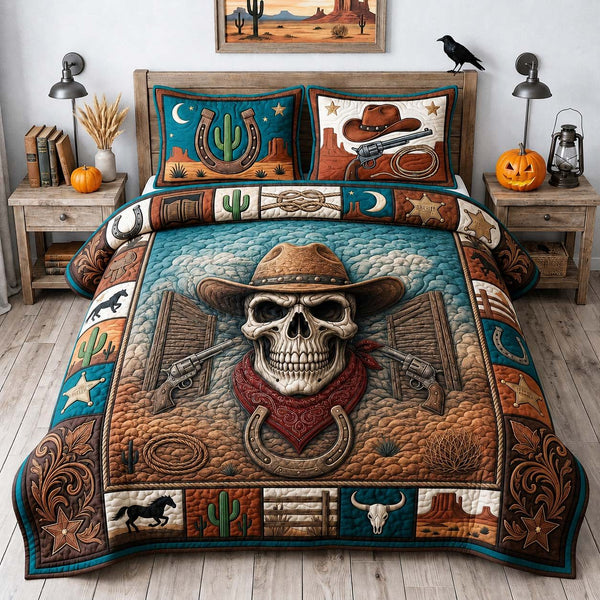Western Outlaw Skull quilted 3-piece bedding set on a made bed against a dark styled interior