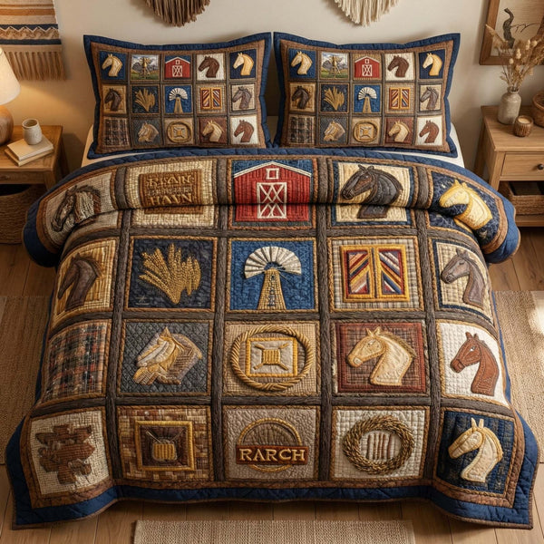Western Patch quilted 3-piece bedding set on a made bed in a rustic timber bedroom