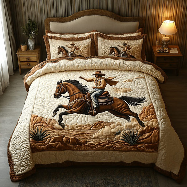 Western Path quilted 3-piece bedding set on a made bed in a rustic timber bedroom