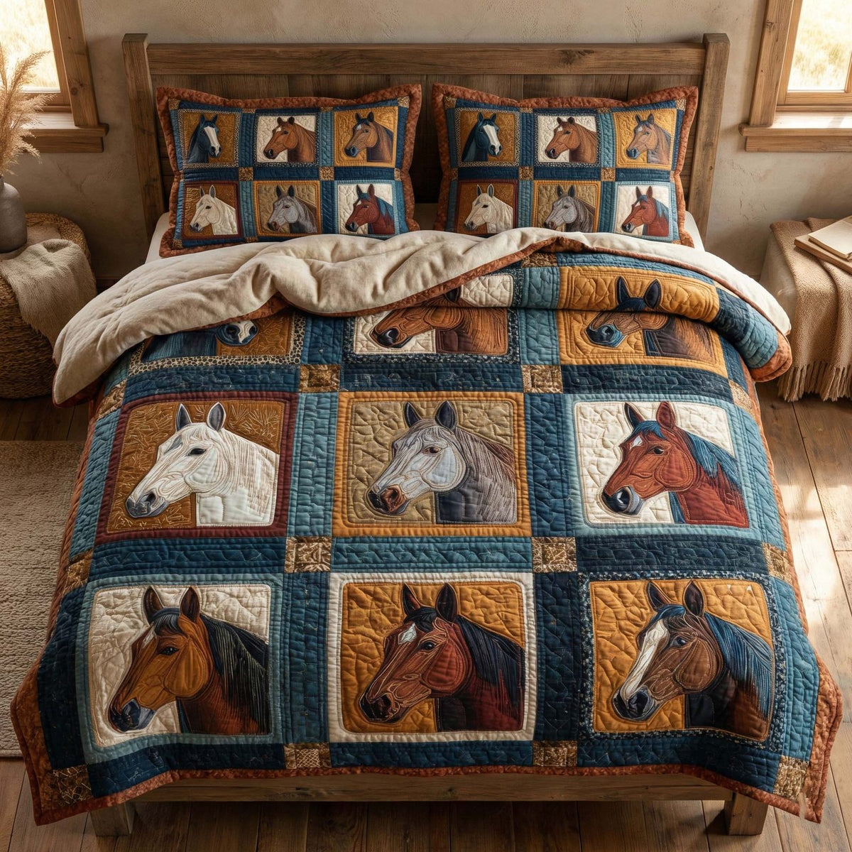 Western Portraits quilted 3-piece bedding set on a made bed in a rustic timber bedroom