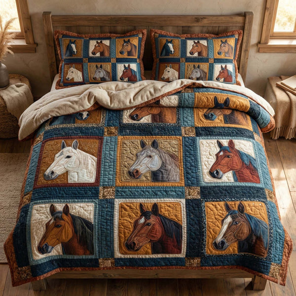 Western Portraits quilted 3-piece bedding set on a made bed in a rustic timber bedroom
