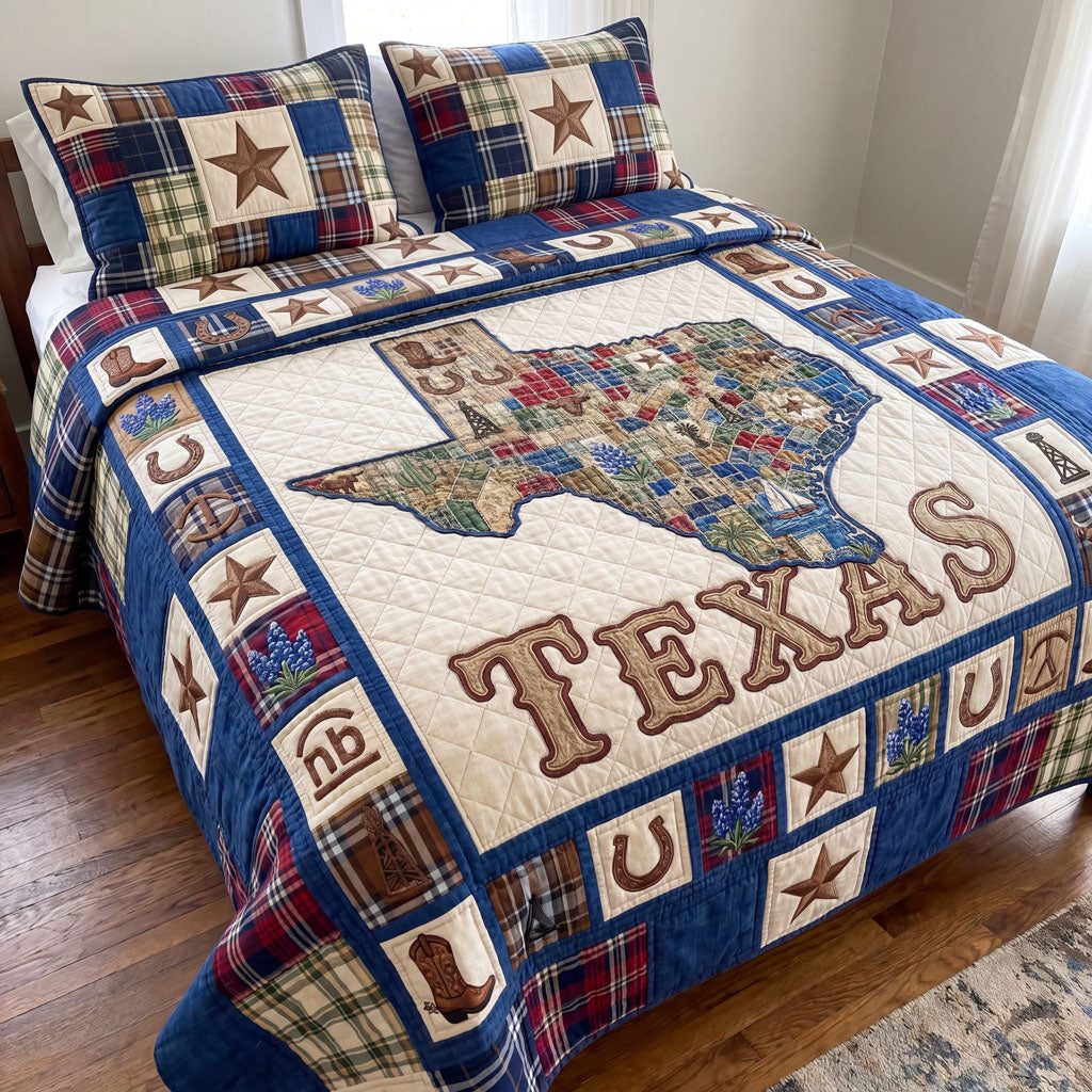 Western Prairie quilted 3-piece bedding set on a made bed in a rustic timber bedroom