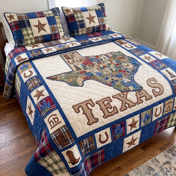 Western Prairie quilted 3-piece bedding set on a made bed in a rustic timber bedroom