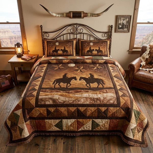 Western Pride quilted 3-piece bedding set on a made bed in a rustic timber bedroom
