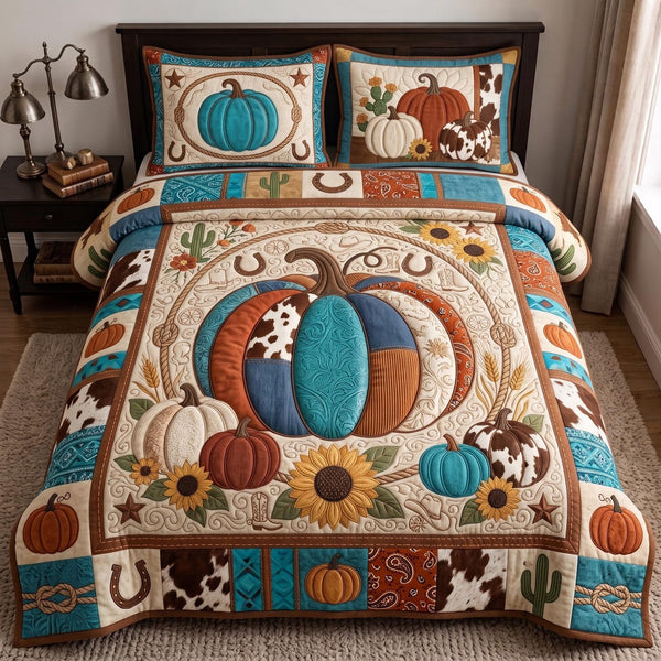 Western Pumpkin quilted 3-piece bedding set on a made bed against a dark styled interior