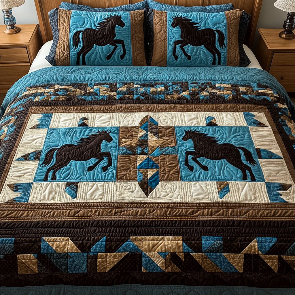 Western quilted 3-piece bedding set on a made bed in a rustic timber bedroom